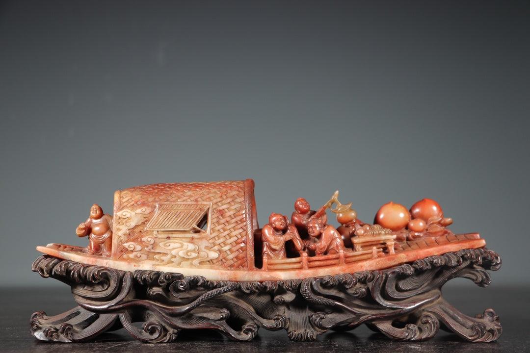 A0476 Vintage Chinese Shoushan Stone Carved Boat & Figure Statue