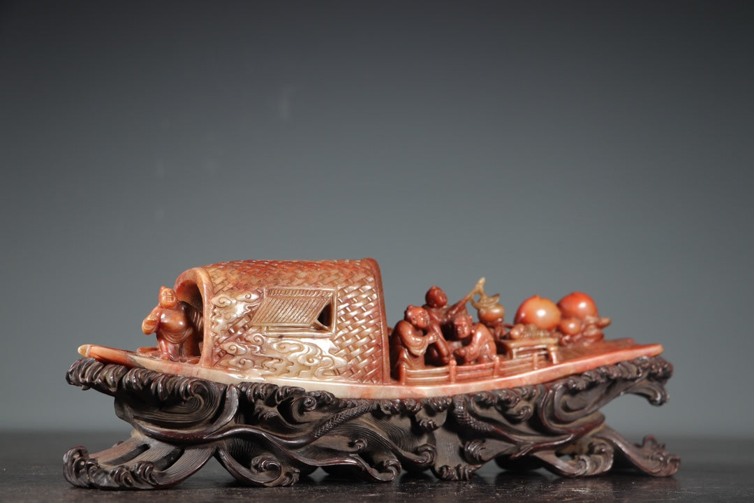 A0476 Vintage Chinese Shoushan Stone Carved Boat & Figure Statue