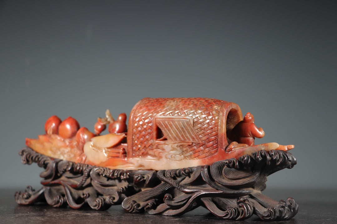 A0476 Vintage Chinese Shoushan Stone Carved Boat & Figure Statue