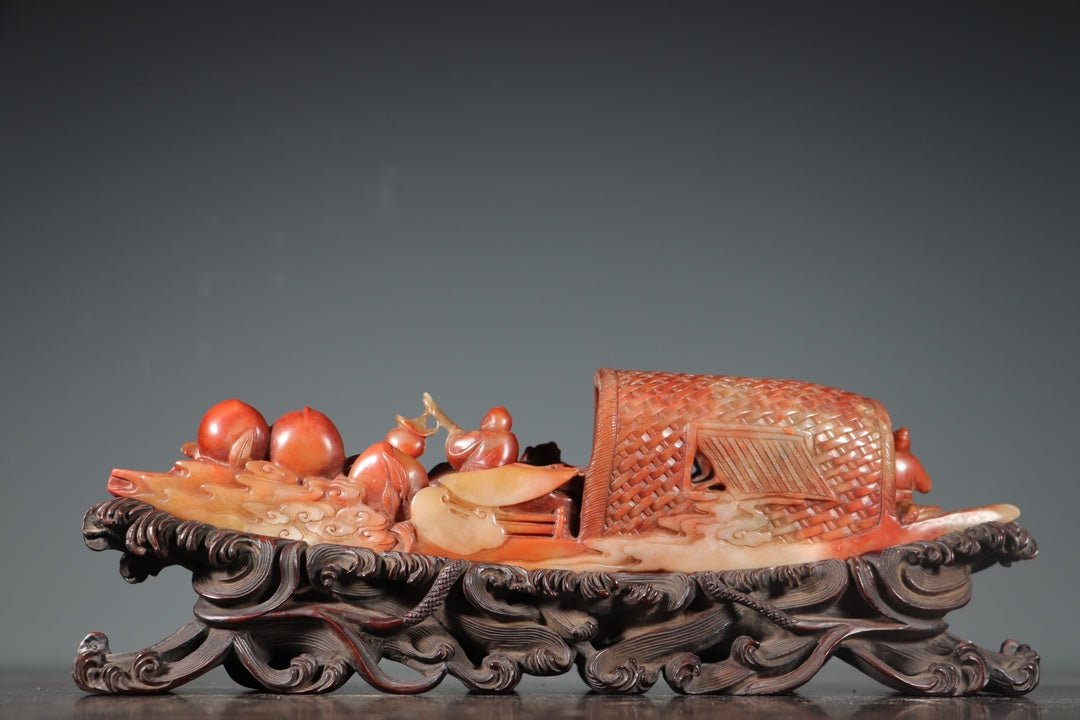 A0476 Vintage Chinese Shoushan Stone Carved Boat & Figure Statue