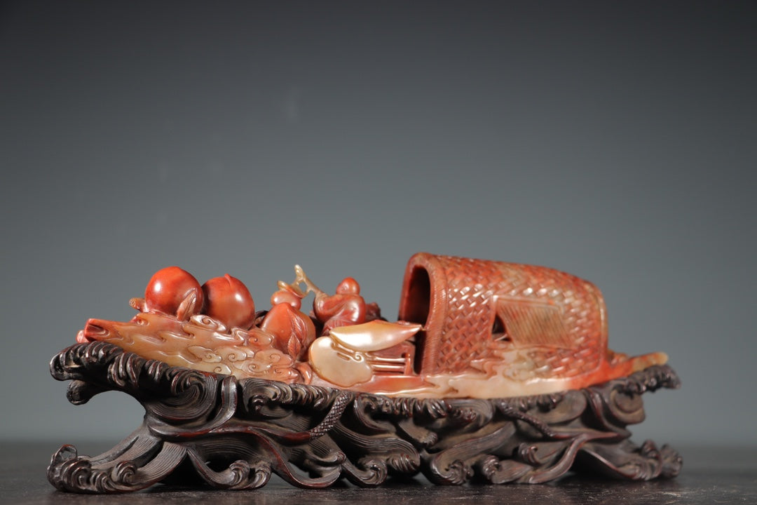 A0476 Vintage Chinese Shoushan Stone Carved Boat & Figure Statue