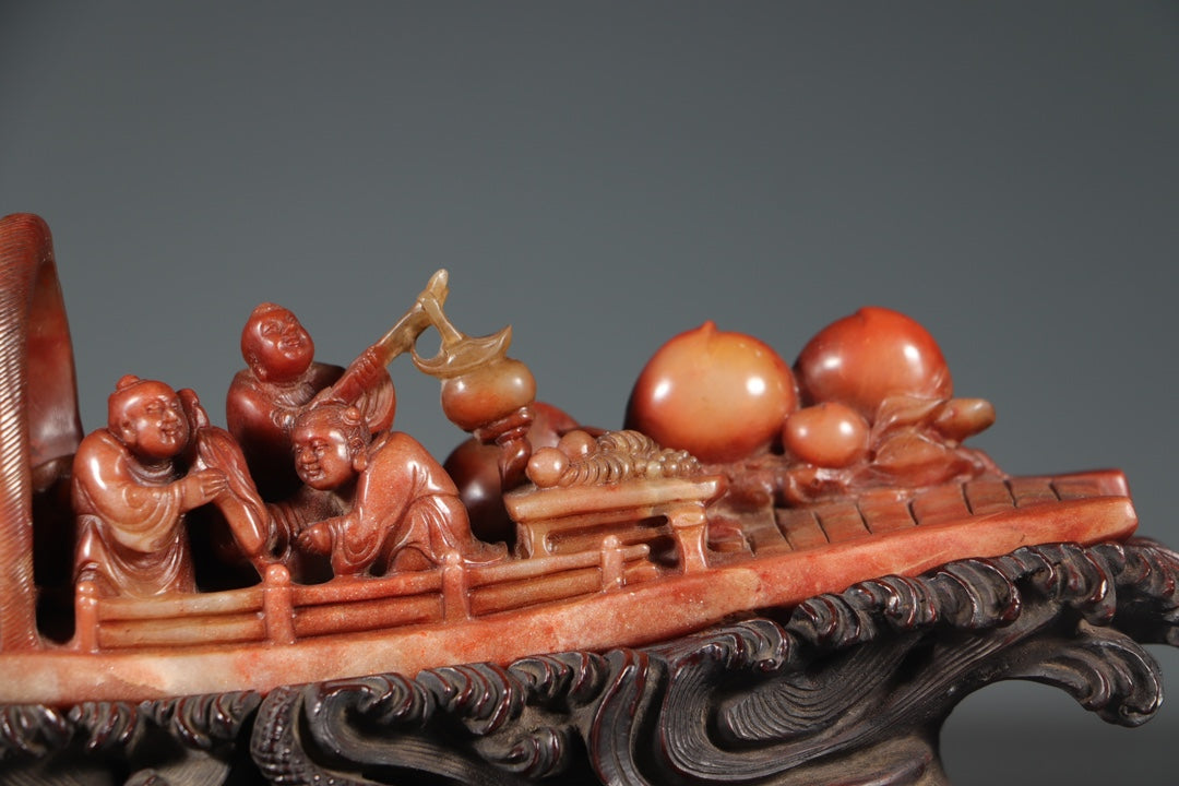 A0476 Vintage Chinese Shoushan Stone Carved Boat & Figure Statue