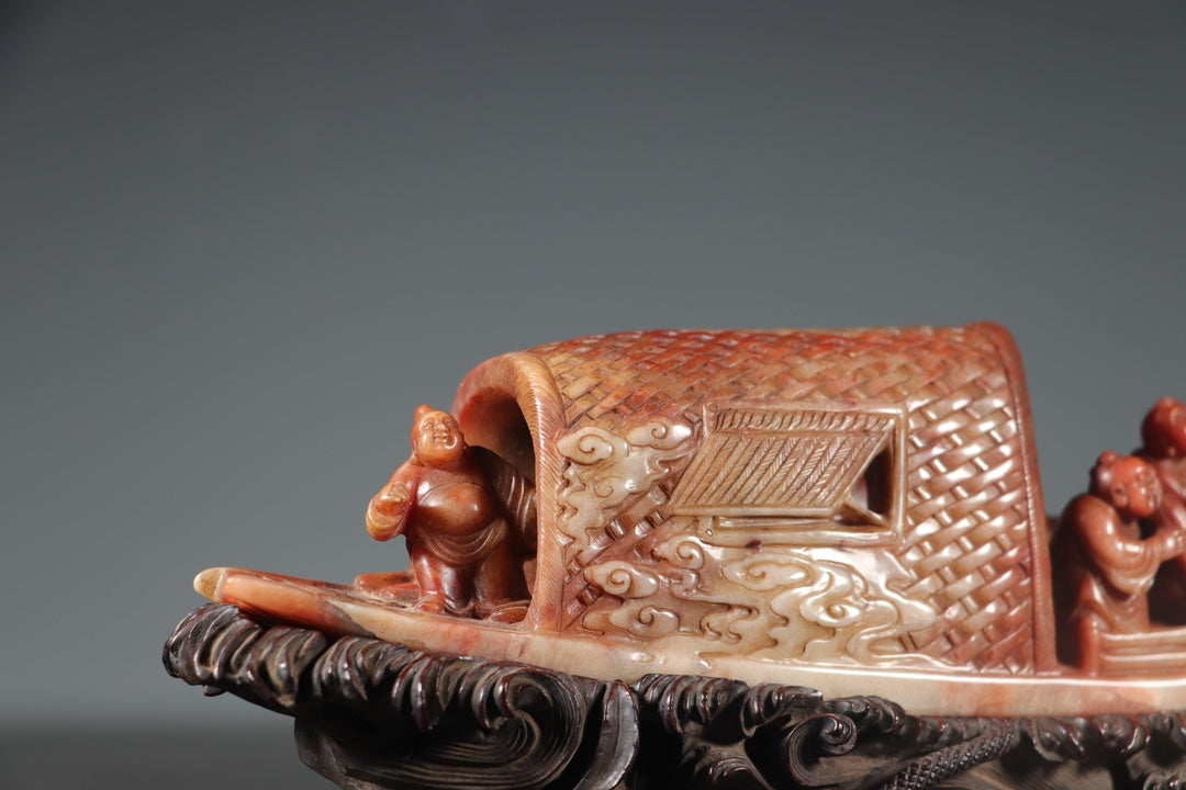 A0476 Vintage Chinese Shoushan Stone Carved Boat & Figure Statue