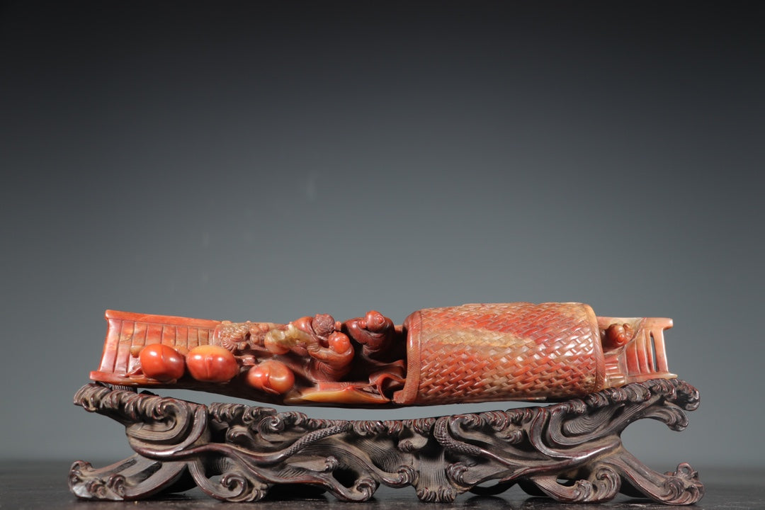 A0476 Vintage Chinese Shoushan Stone Carved Boat & Figure Statue