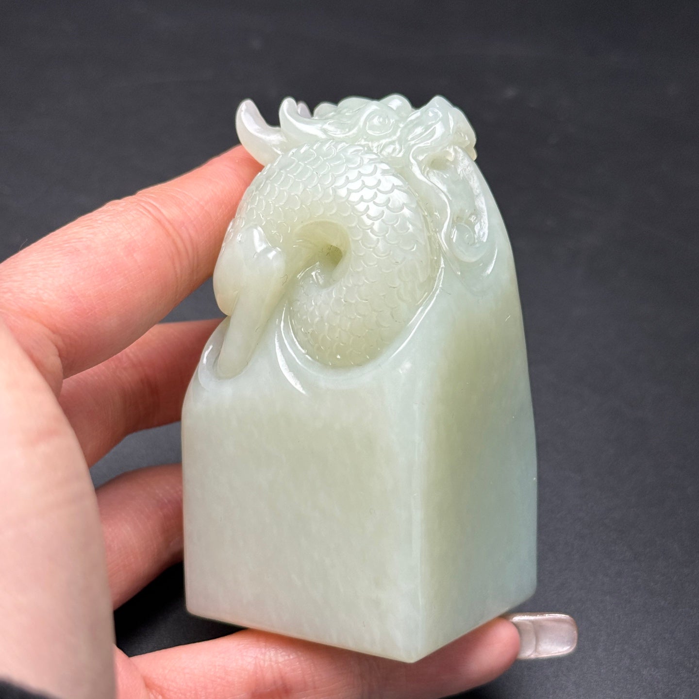 A0479 Chinese Natural Hetian Jade Carved Fortune Dragon Seal