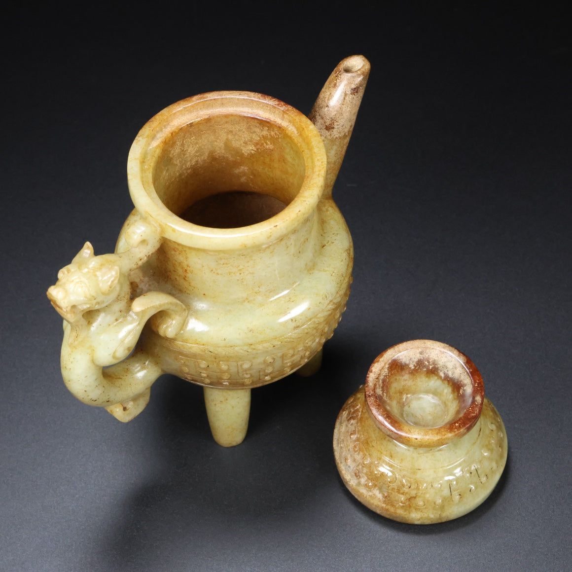A0483 Old Chinese Hetian Jade Carved Fortune Dragon Wine Pot