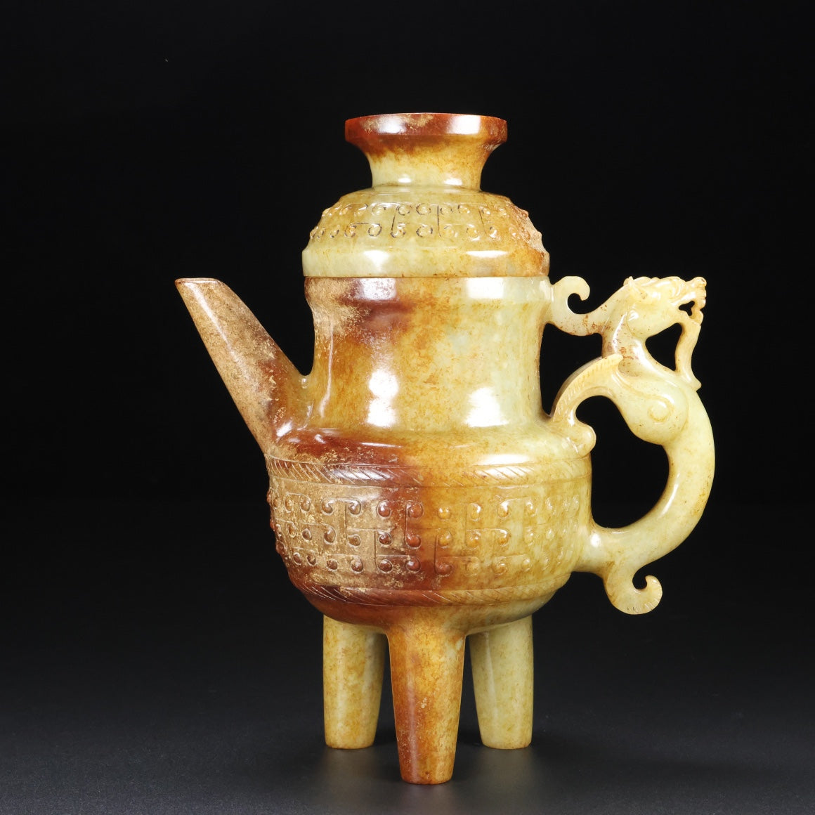 A0483 Old Chinese Hetian Jade Carved Fortune Dragon Wine Pot