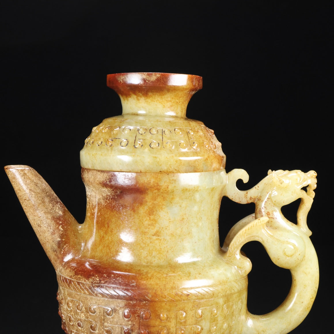 A0483 Old Chinese Hetian Jade Carved Fortune Dragon Wine Pot