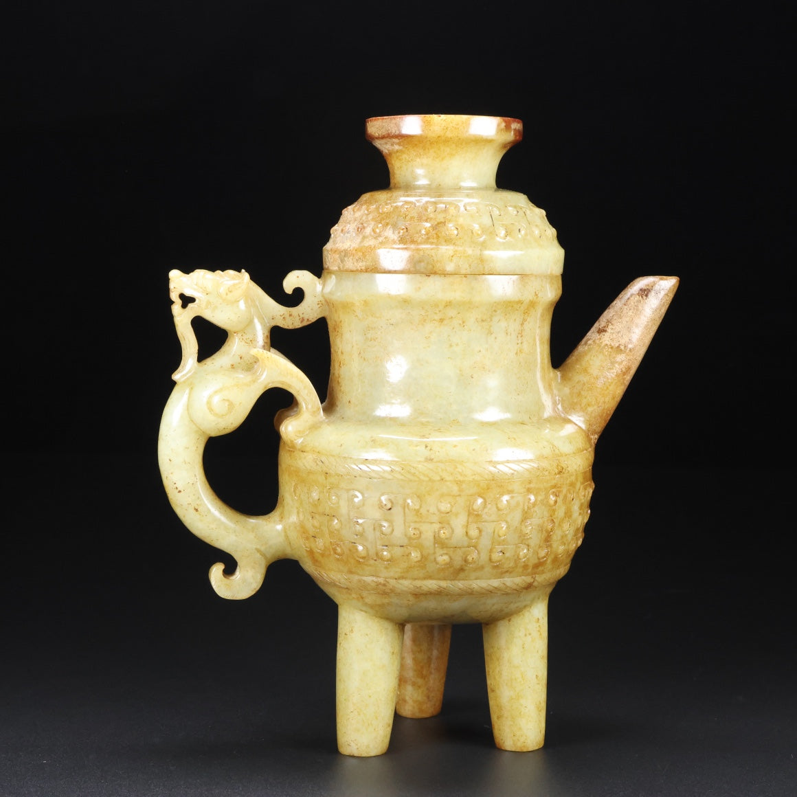 A0483 Old Chinese Hetian Jade Carved Fortune Dragon Wine Pot