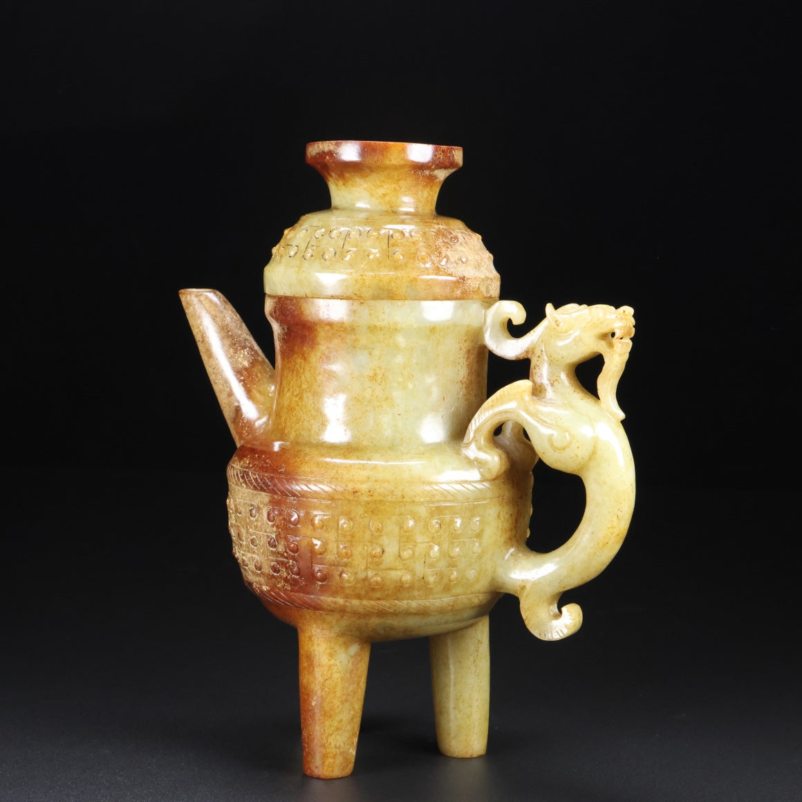A0483 Old Chinese Hetian Jade Carved Fortune Dragon Wine Pot