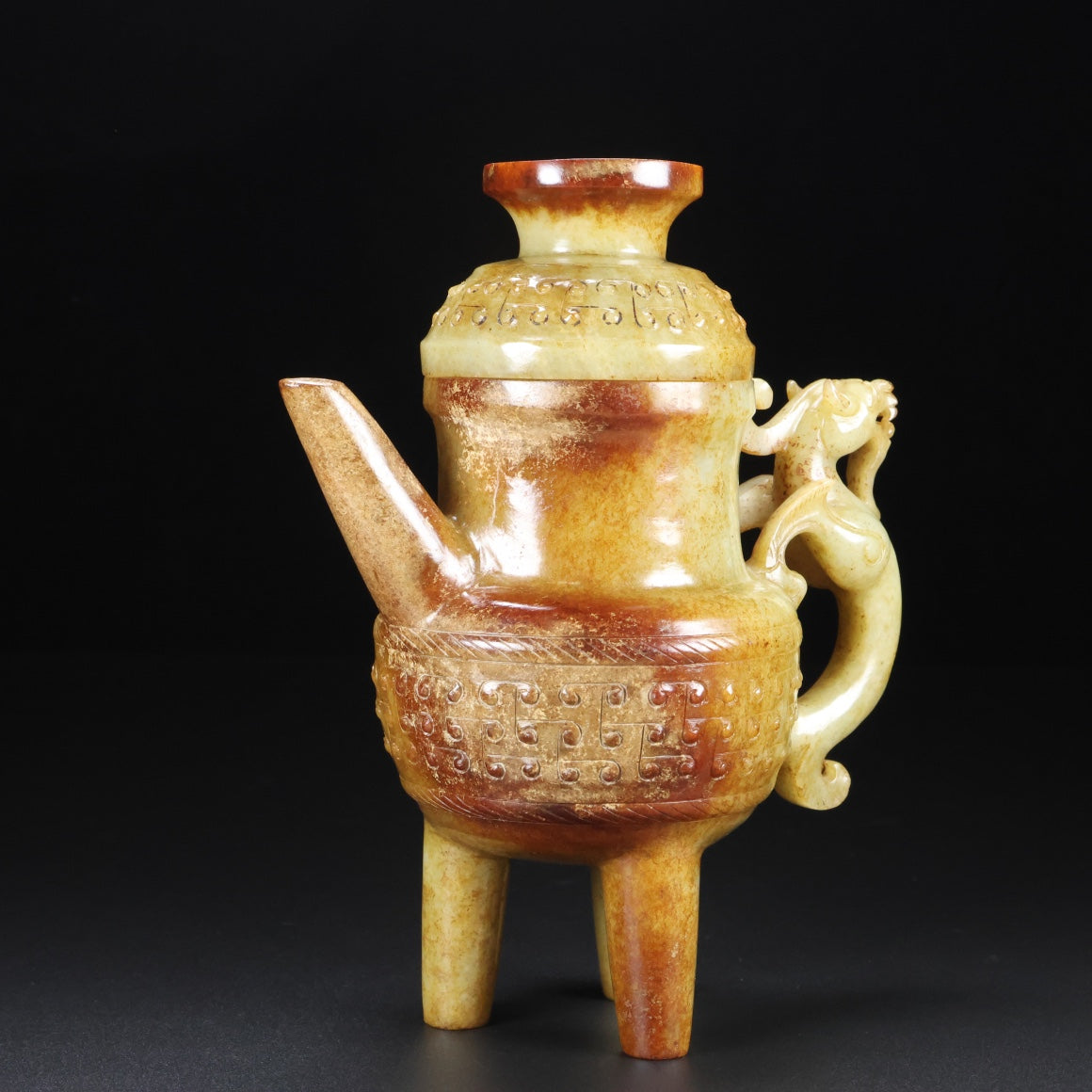 A0483 Old Chinese Hetian Jade Carved Fortune Dragon Wine Pot