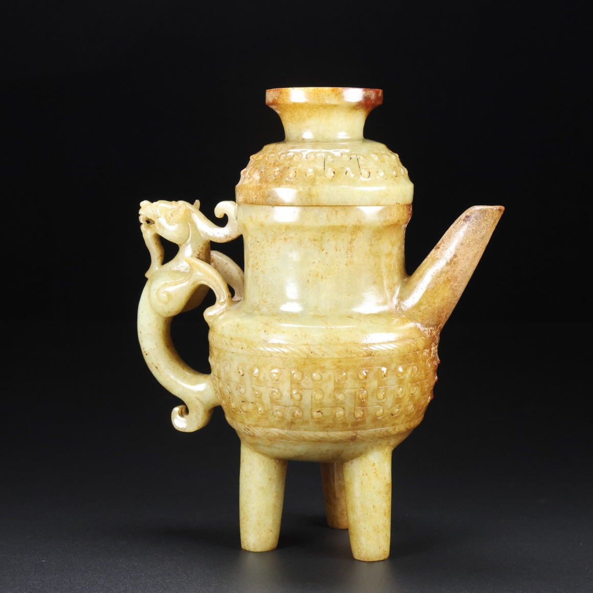 A0483 Old Chinese Hetian Jade Carved Fortune Dragon Wine Pot