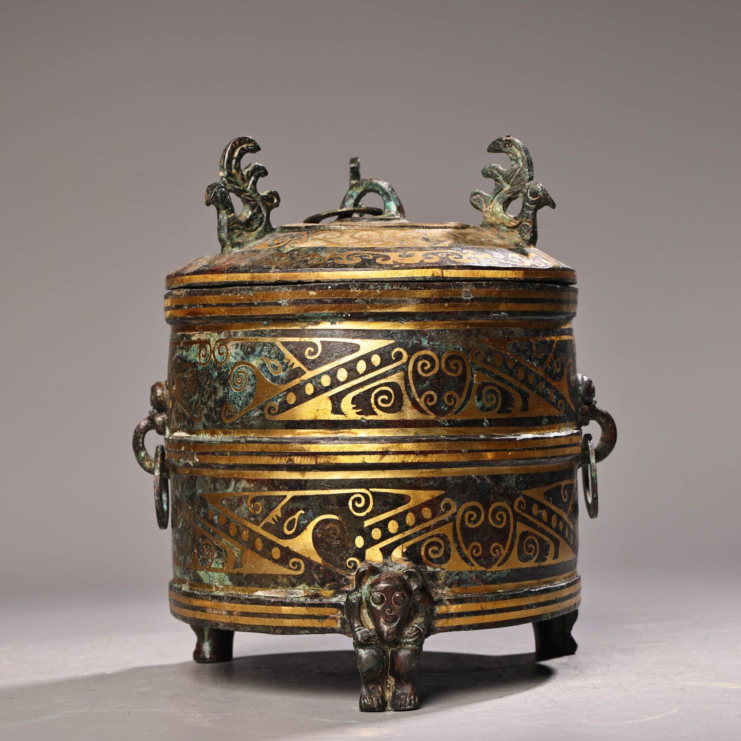A0484 Vintage Chinese Gilt Gold Bronze Phoenix Pot