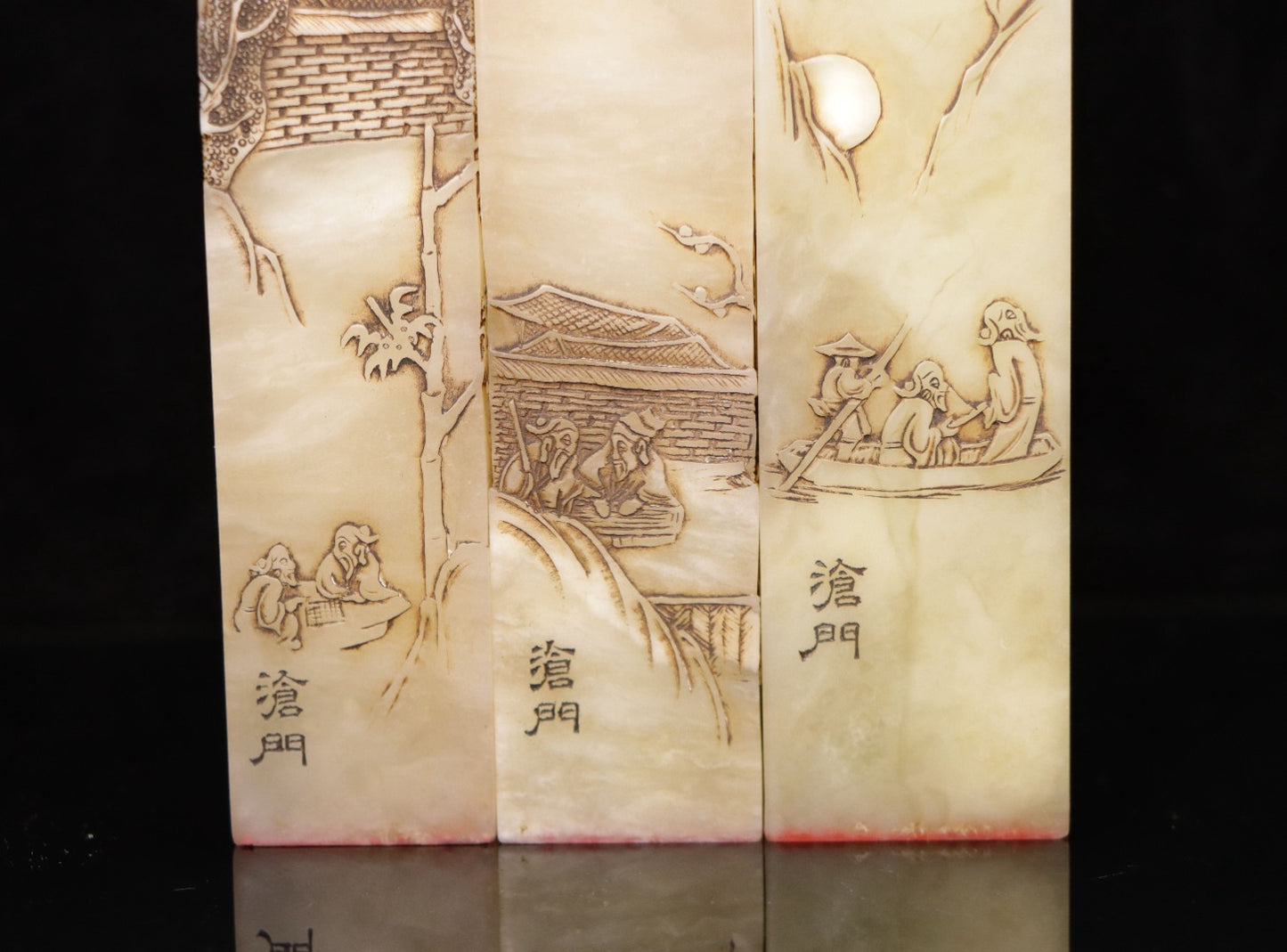 A0486 A Set Three Chinese Shoushan Tianhuang Stone Low Relief Figure Seal Statue w Box