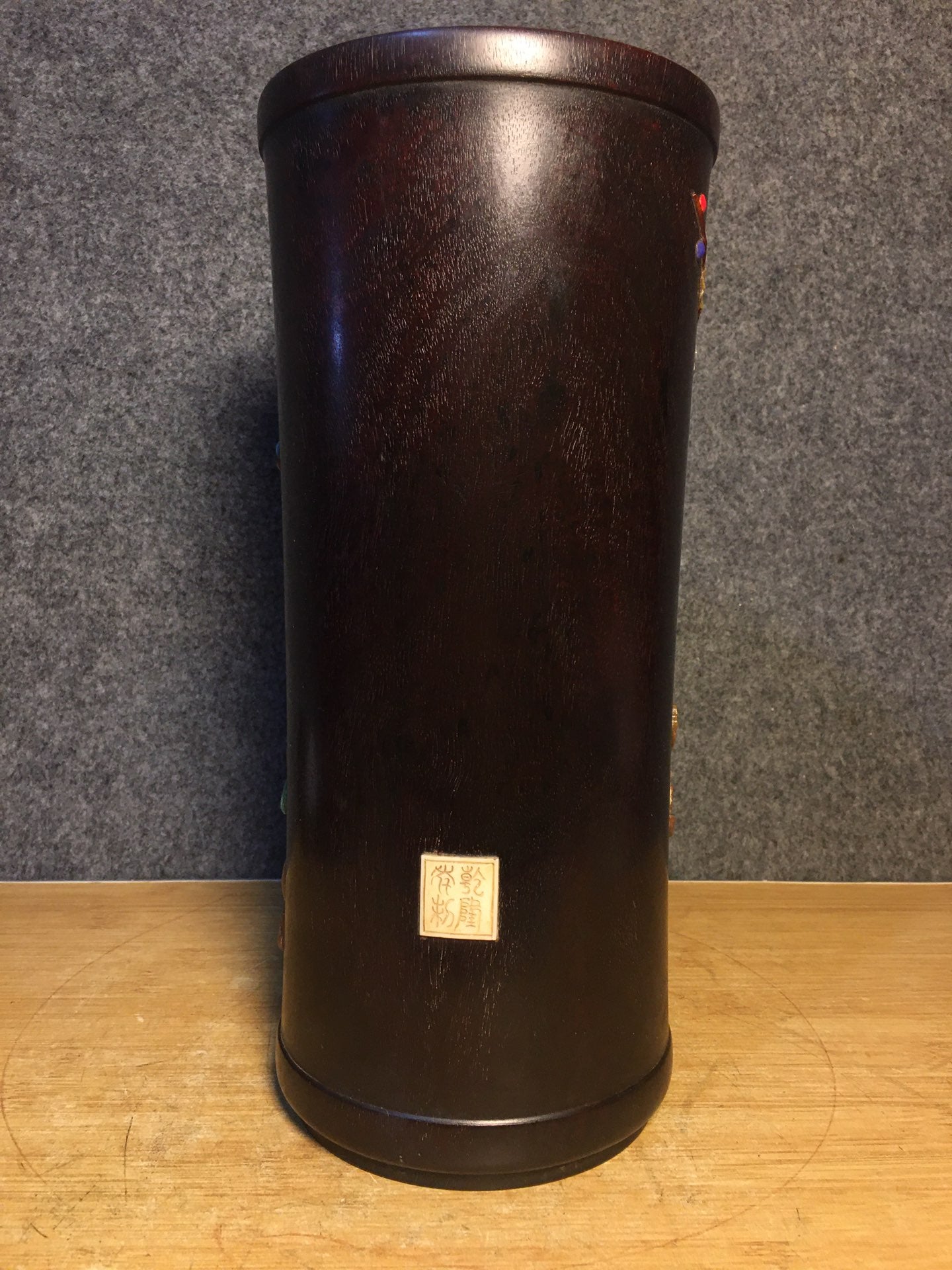 A0488 Chinese Zitan Wood Inlay Shell Plum Flower & Magpie Brush Pot