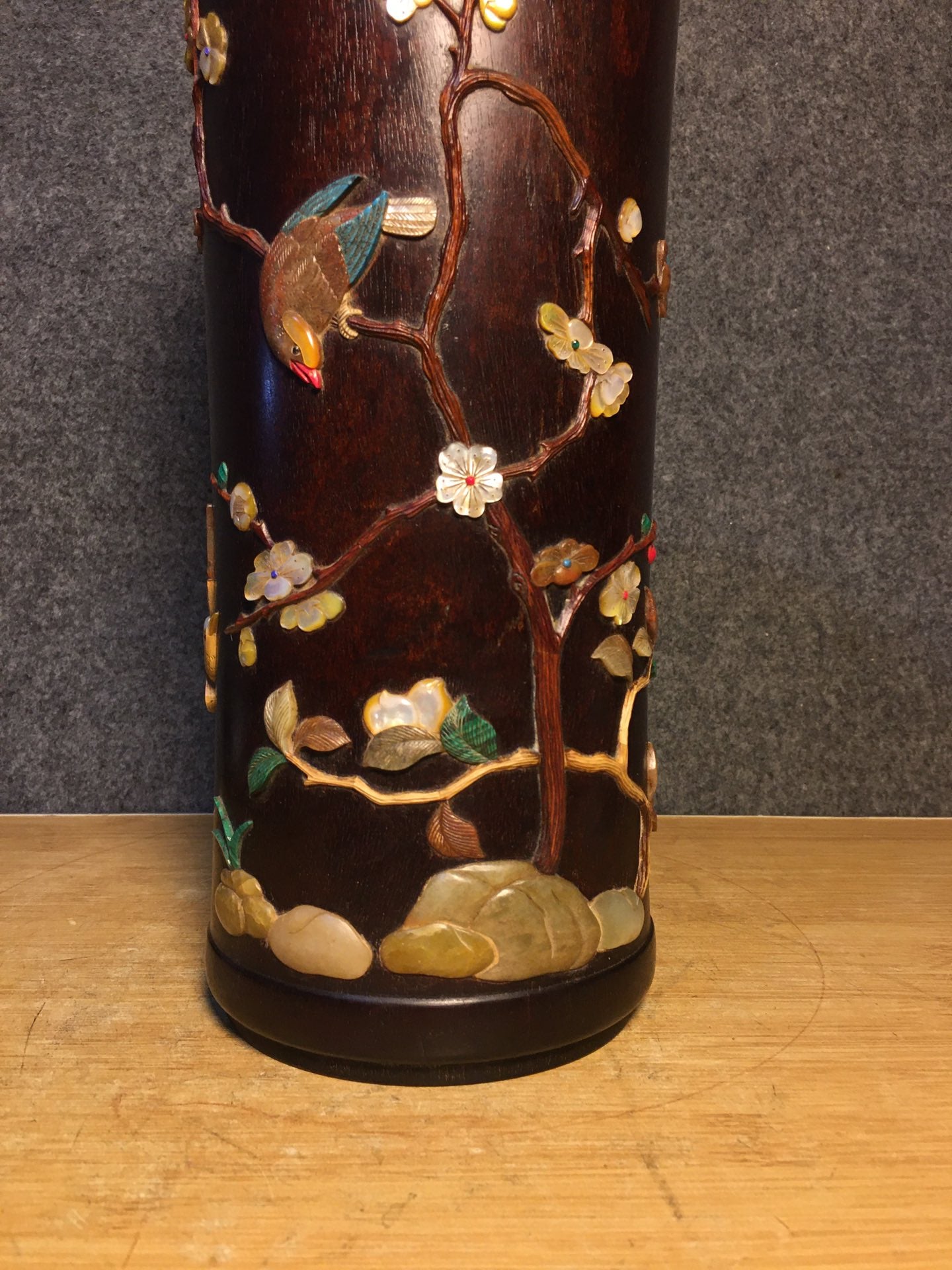 A0488 Chinese Zitan Wood Inlay Shell Plum Flower & Magpie Brush Pot