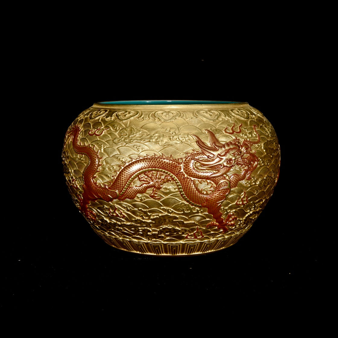 A0490 Chinese Gilt Gold Clouds Dragon Design Porcelain Brush Wsher