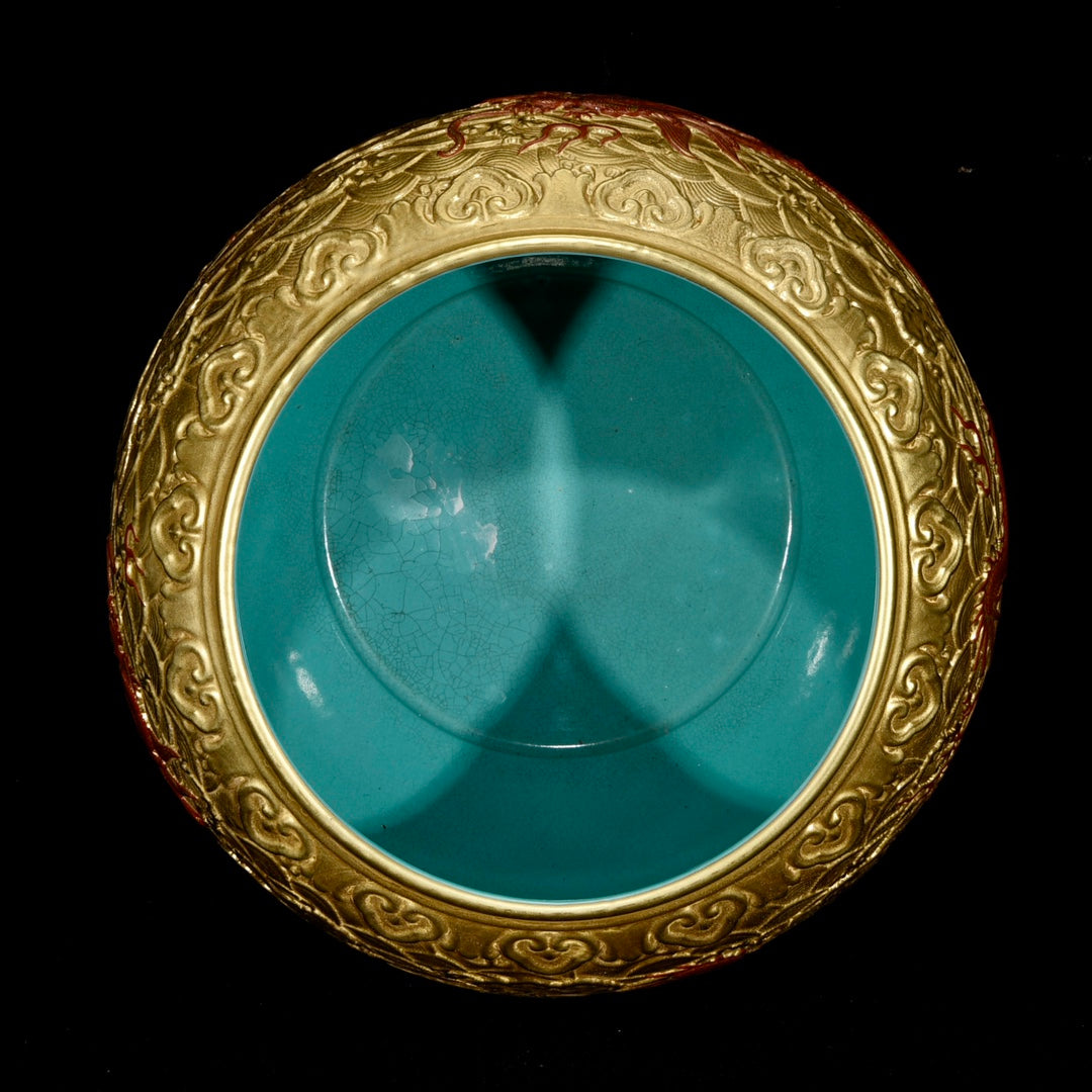 A0490 Chinese Gilt Gold Clouds Dragon Design Porcelain Brush Wsher