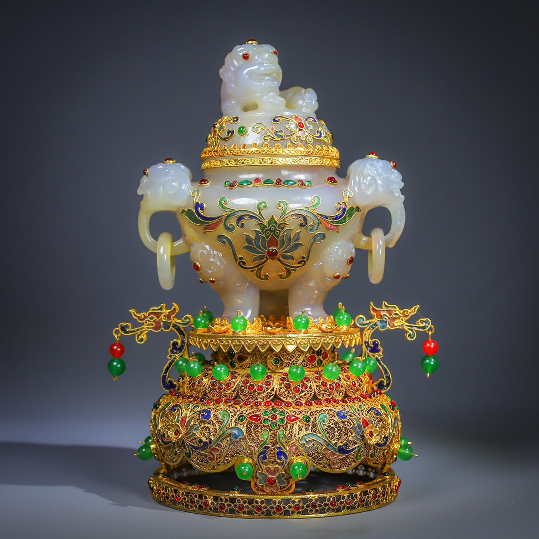 A0491 Exquisite Inlaying Gold Edge Agate Incense Burner w Gold Wires Enamel Base