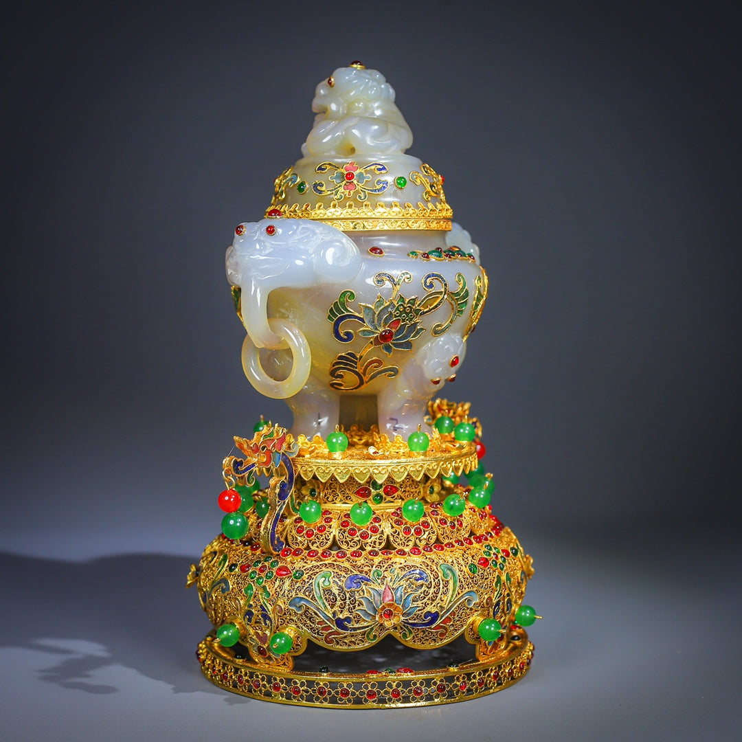 A0491 Exquisite Inlaying Gold Edge Agate Incense Burner w Gold Wires Enamel Base