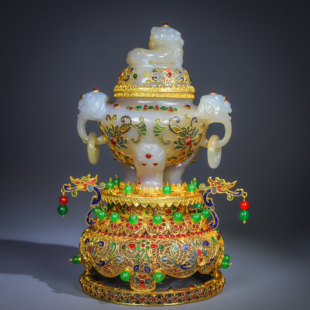 A0491 Exquisite Inlaying Gold Edge Agate Incense Burner w Gold Wires Enamel Base