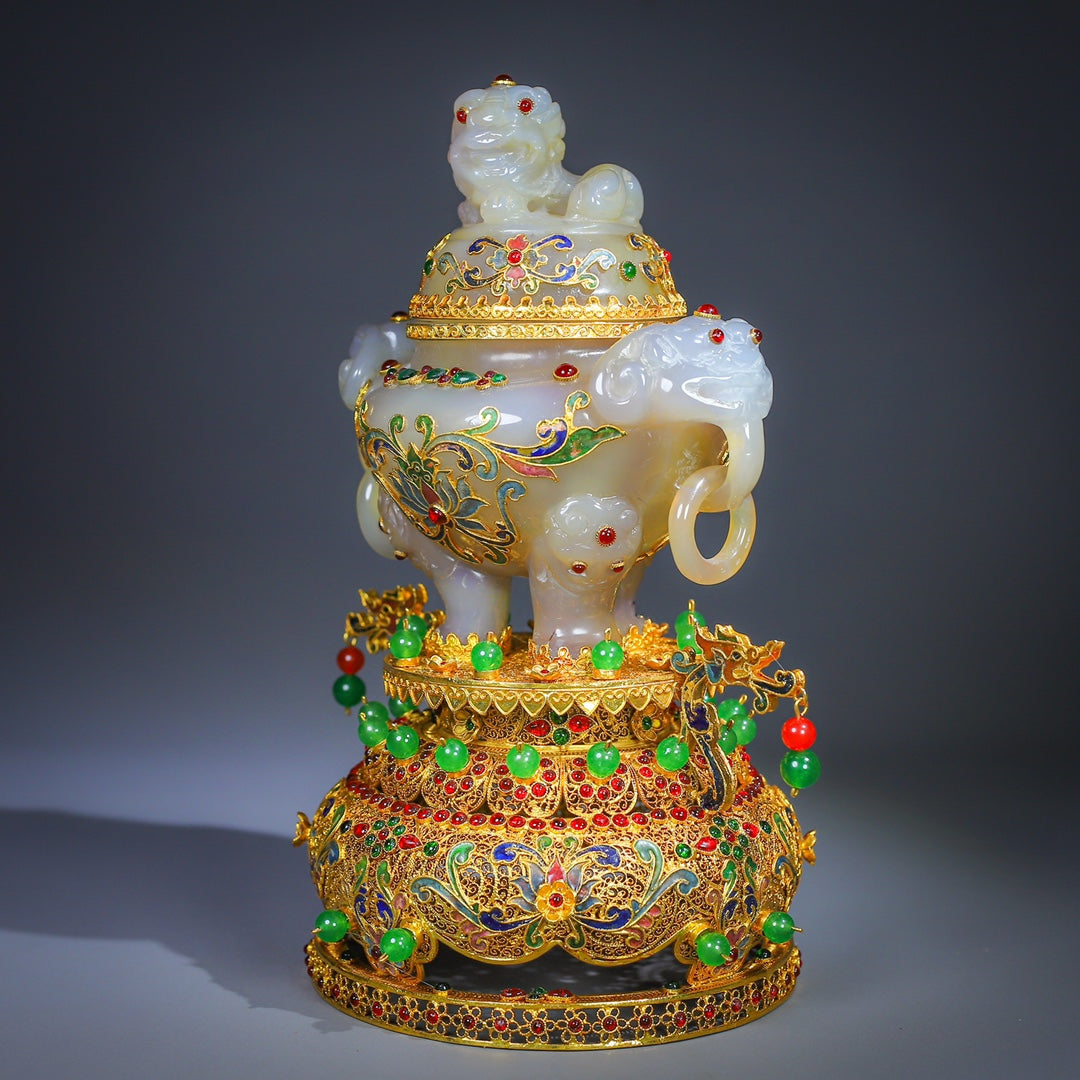 A0491 Exquisite Inlaying Gold Edge Agate Incense Burner w Gold Wires Enamel Base
