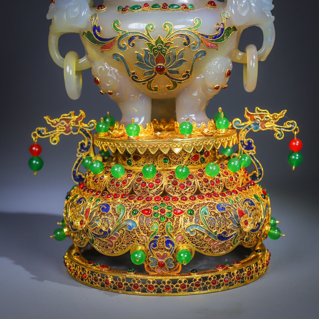 A0491 Exquisite Inlaying Gold Edge Agate Incense Burner w Gold Wires Enamel Base