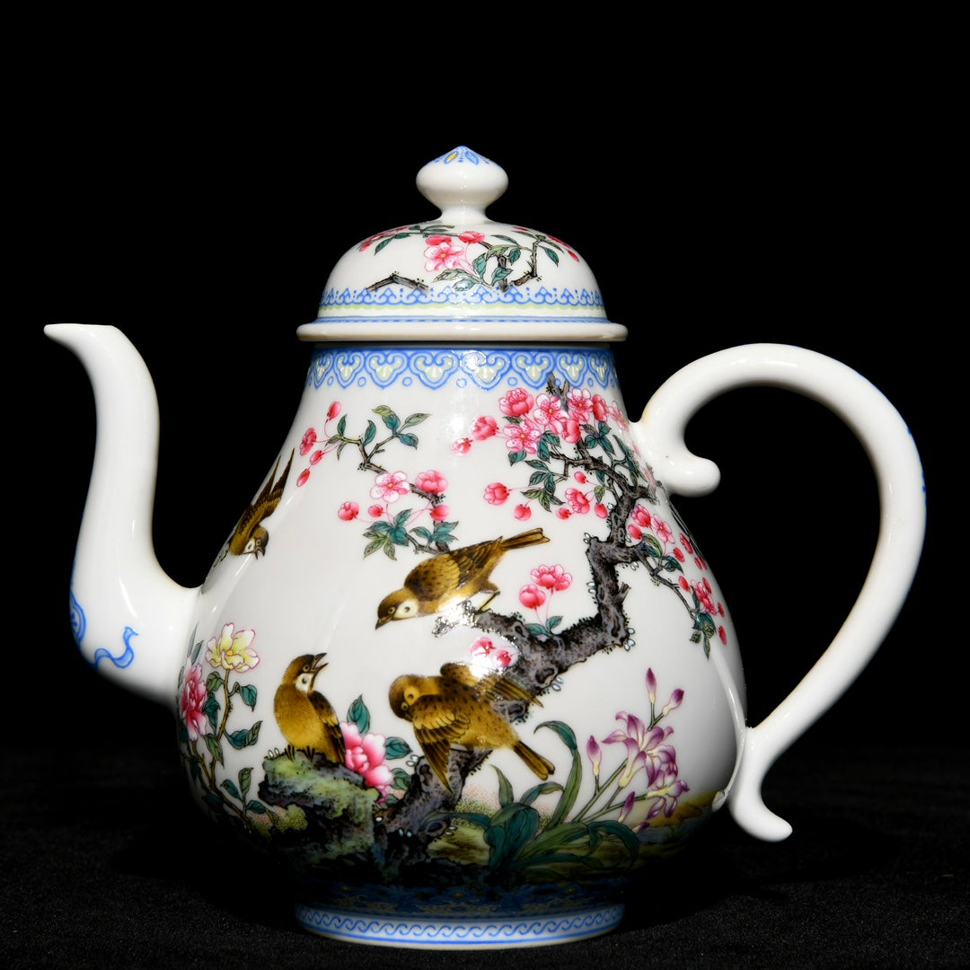 A0496 Chinese Famille Rose Flowers Bird Design Porcelain Teapot