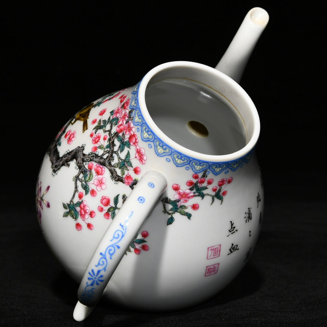 A0496 Chinese Famille Rose Flowers Bird Design Porcelain Teapot