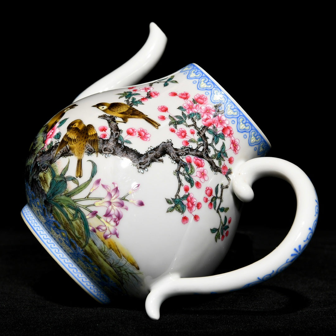 A0496 Chinese Famille Rose Flowers Bird Design Porcelain Teapot