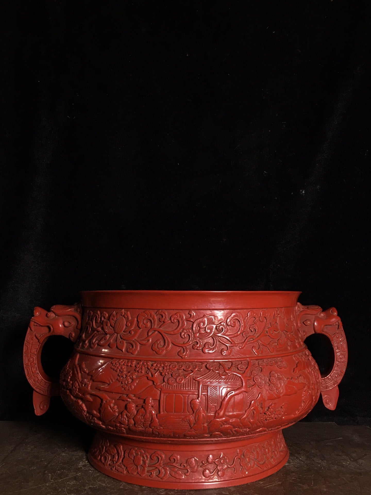 A0499 Vintage Chinese Red Lacquerware Double Ears Incense Burner