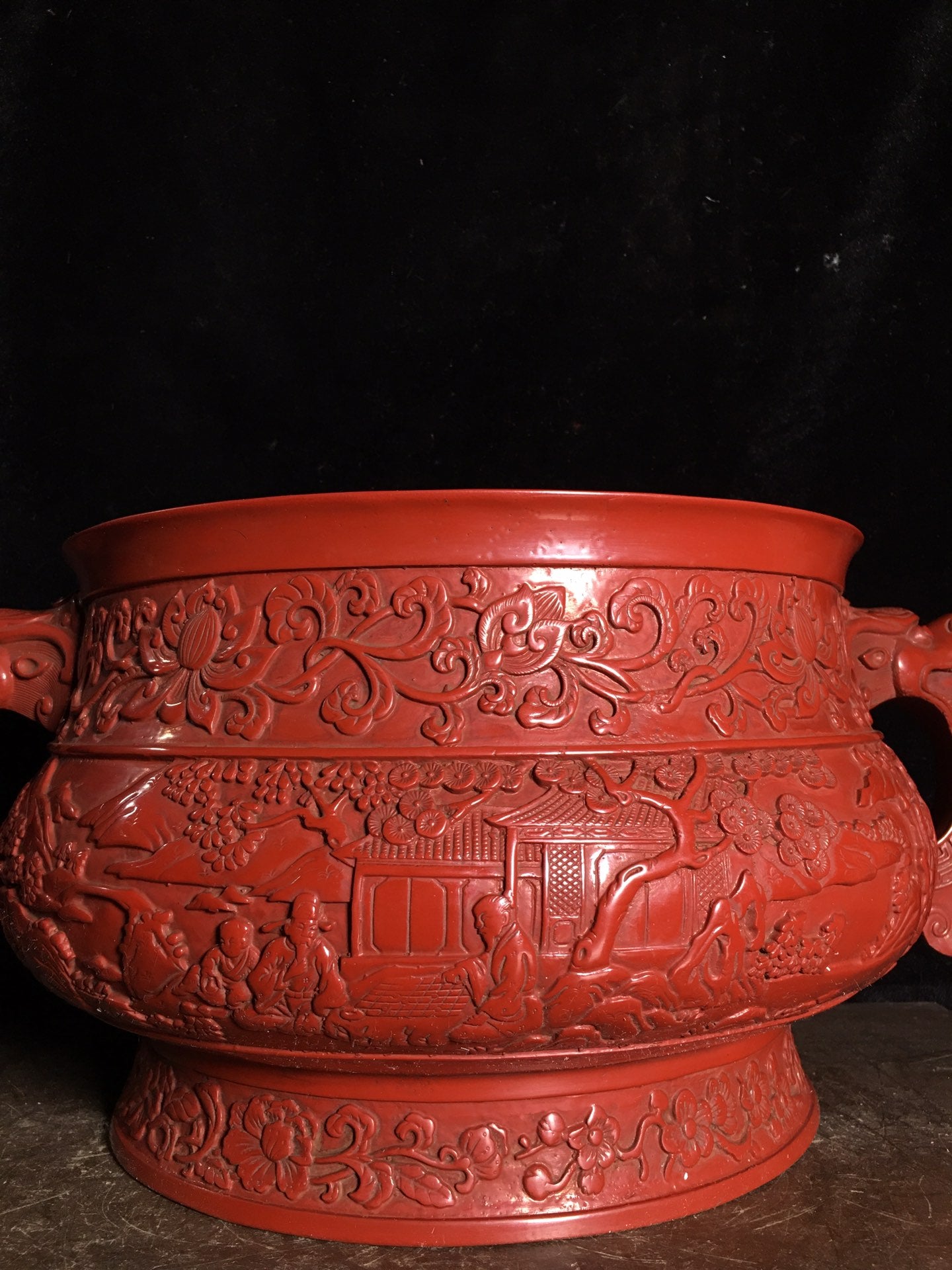 A0499 Vintage Chinese Red Lacquerware Double Ears Incense Burner
