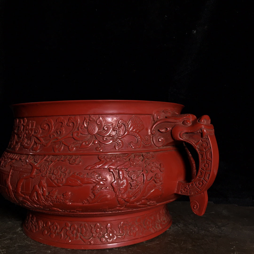 A0499 Vintage Chinese Red Lacquerware Double Ears Incense Burner