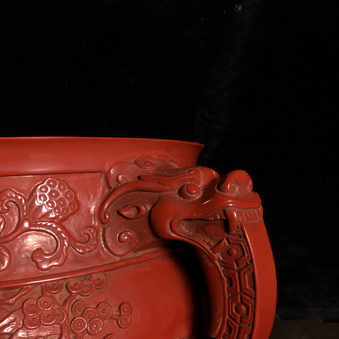 A0499 Vintage Chinese Red Lacquerware Double Ears Incense Burner
