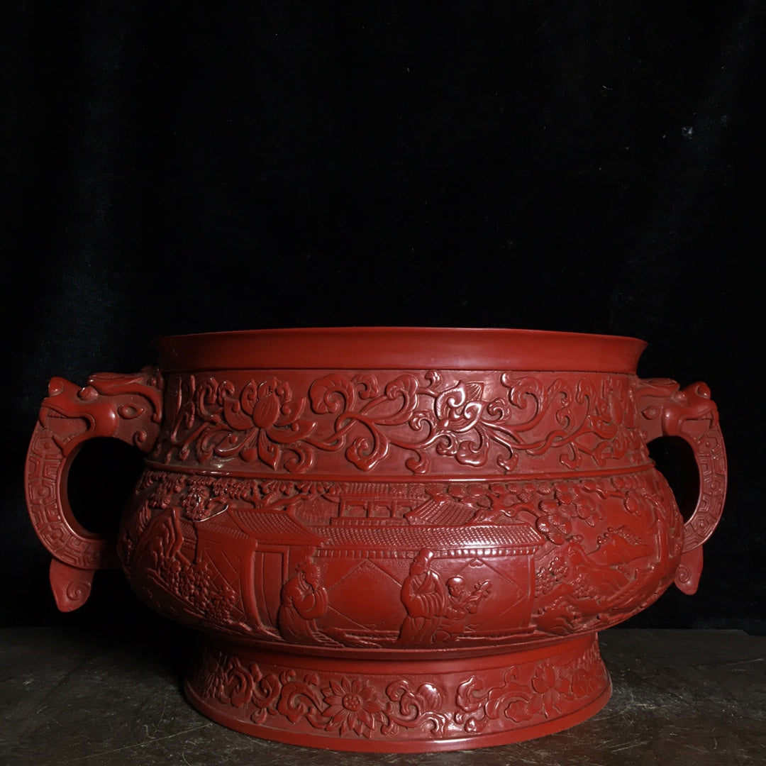 A0499 Vintage Chinese Red Lacquerware Double Ears Incense Burner
