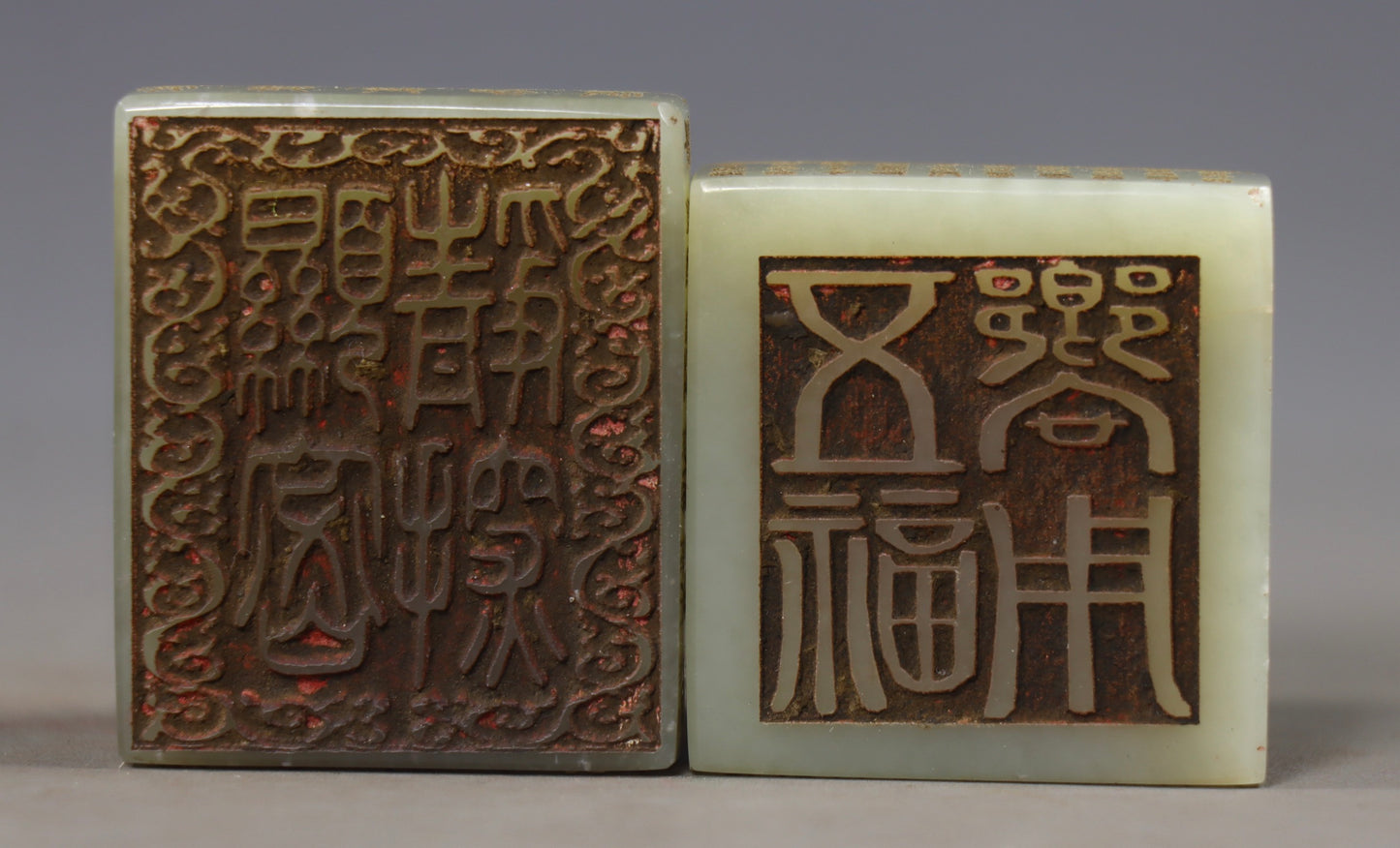 A0504 A Set Vintage Chinese Hetian Jade Carved Fortune Dragon Seal w Green Hetian Jade Seal Box