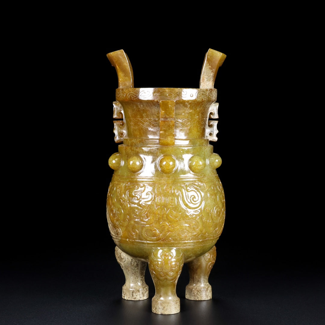 A0509 Superb Old Chinese Hetian Jade 3 Legs Double Ears Incense Burner