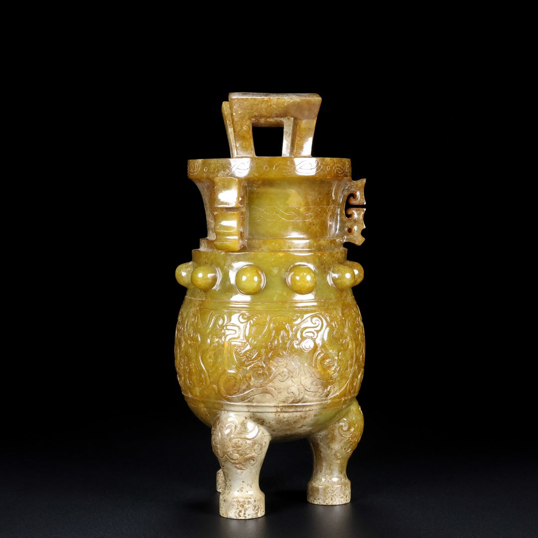 A0509 Superb Old Chinese Hetian Jade 3 Legs Double Ears Incense Burner