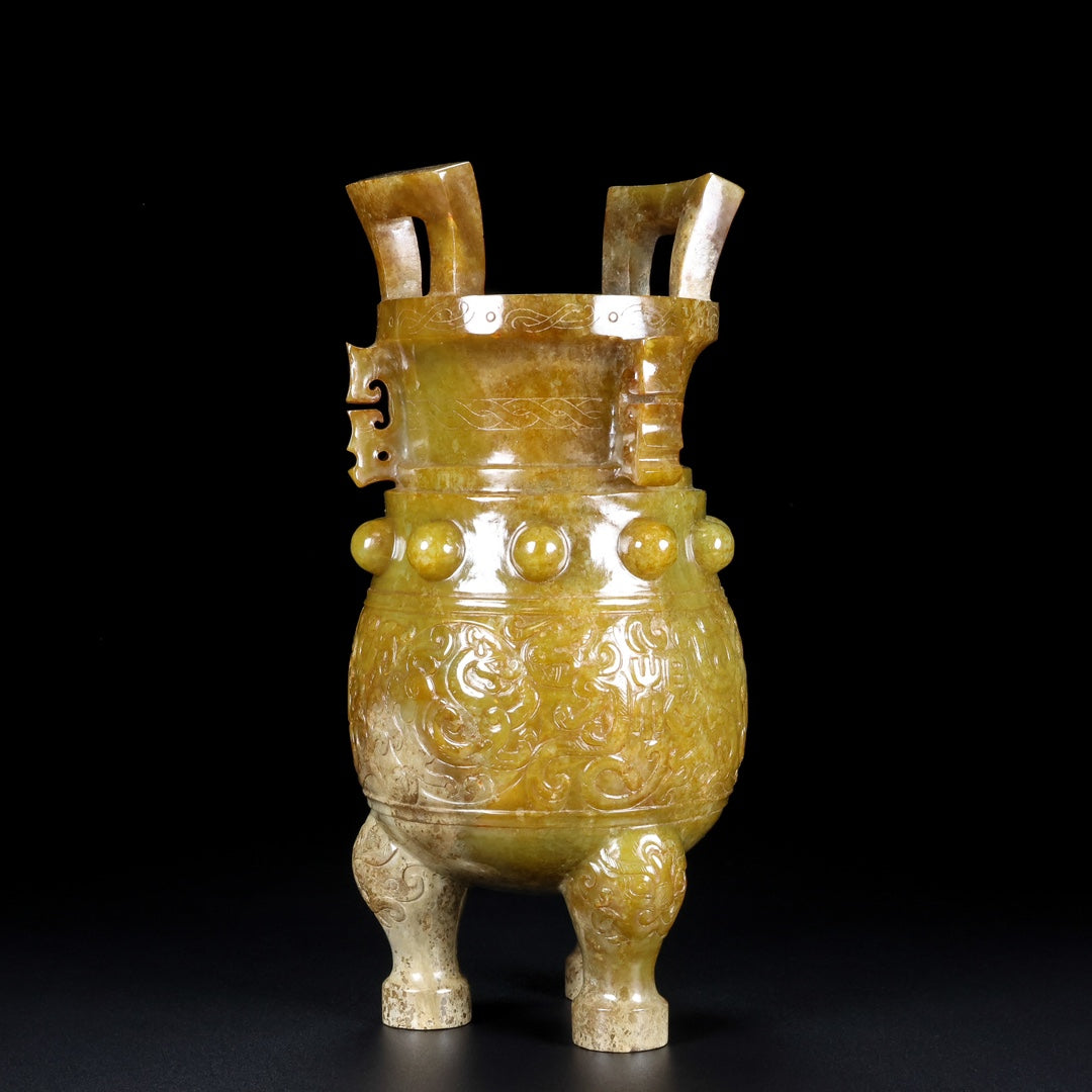 A0509 Superb Old Chinese Hetian Jade 3 Legs Double Ears Incense Burner