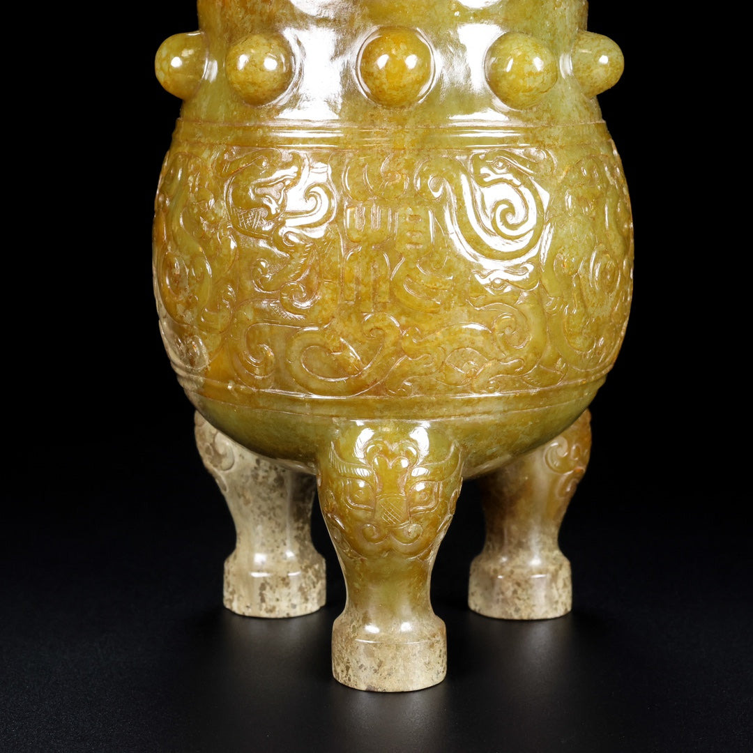 A0509 Superb Old Chinese Hetian Jade 3 Legs Double Ears Incense Burner