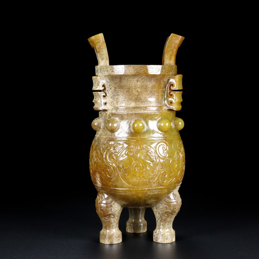 A0509 Superb Old Chinese Hetian Jade 3 Legs Double Ears Incense Burner