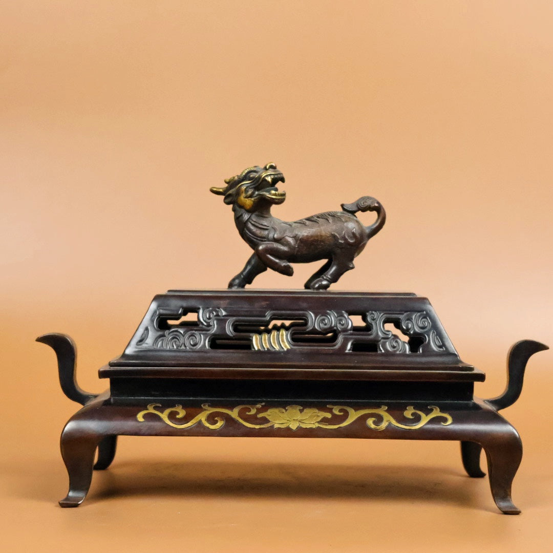 A0513 Vintage Chinese Gilt Gold Copper Fortune Kylin Incense Burner