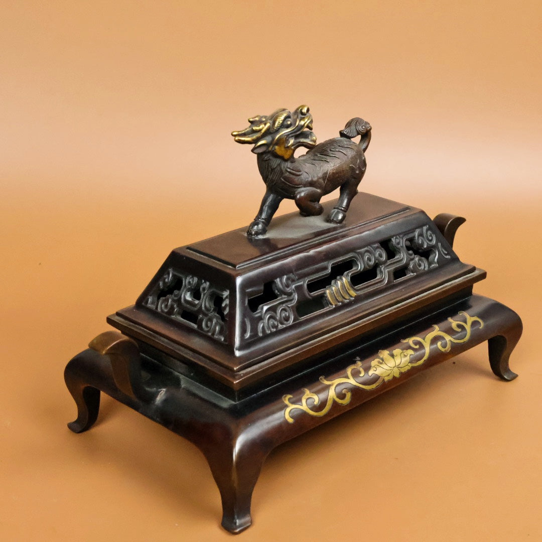 A0513 Vintage Chinese Gilt Gold Copper Fortune Kylin Incense Burner