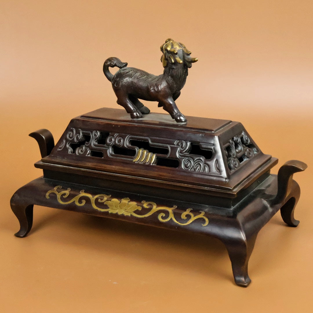 A0513 Vintage Chinese Gilt Gold Copper Fortune Kylin Incense Burner