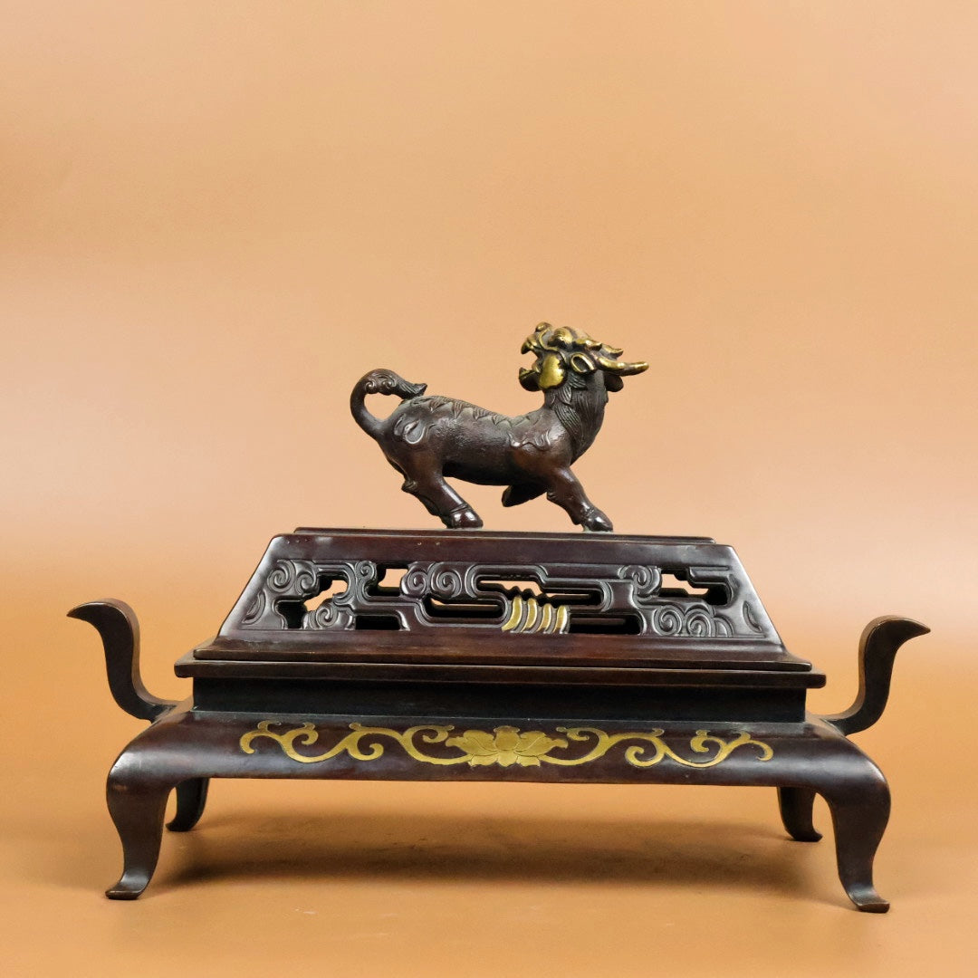 A0513 Vintage Chinese Gilt Gold Copper Fortune Kylin Incense Burner