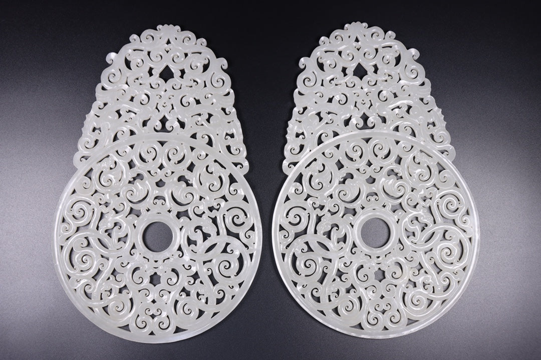A0514 A Pair Openwork Chinese Hetian Jade Dragon Phoenix Jade bi