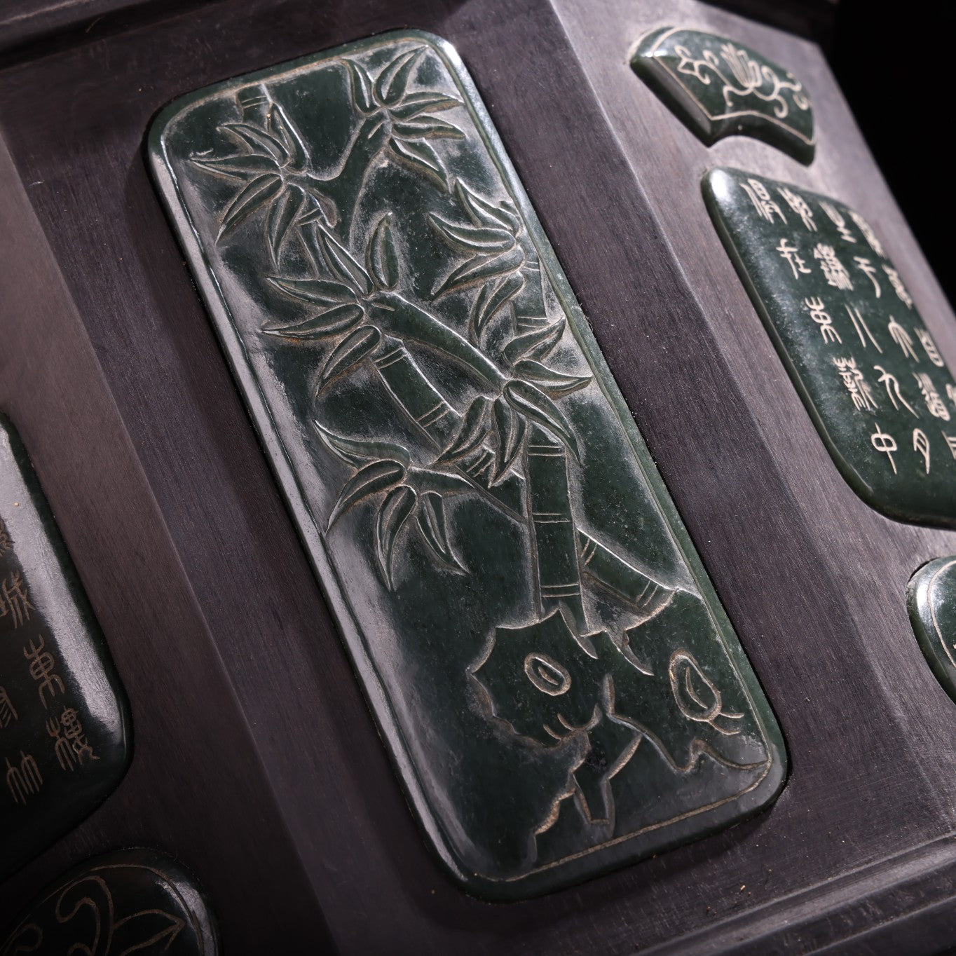 A0519 Old Chinese Hetian Jade Zitan Wood Inlay Green Hetian Jade Plum Flower & Orchid & Bamboo & Chrysanthemum Brush Pot