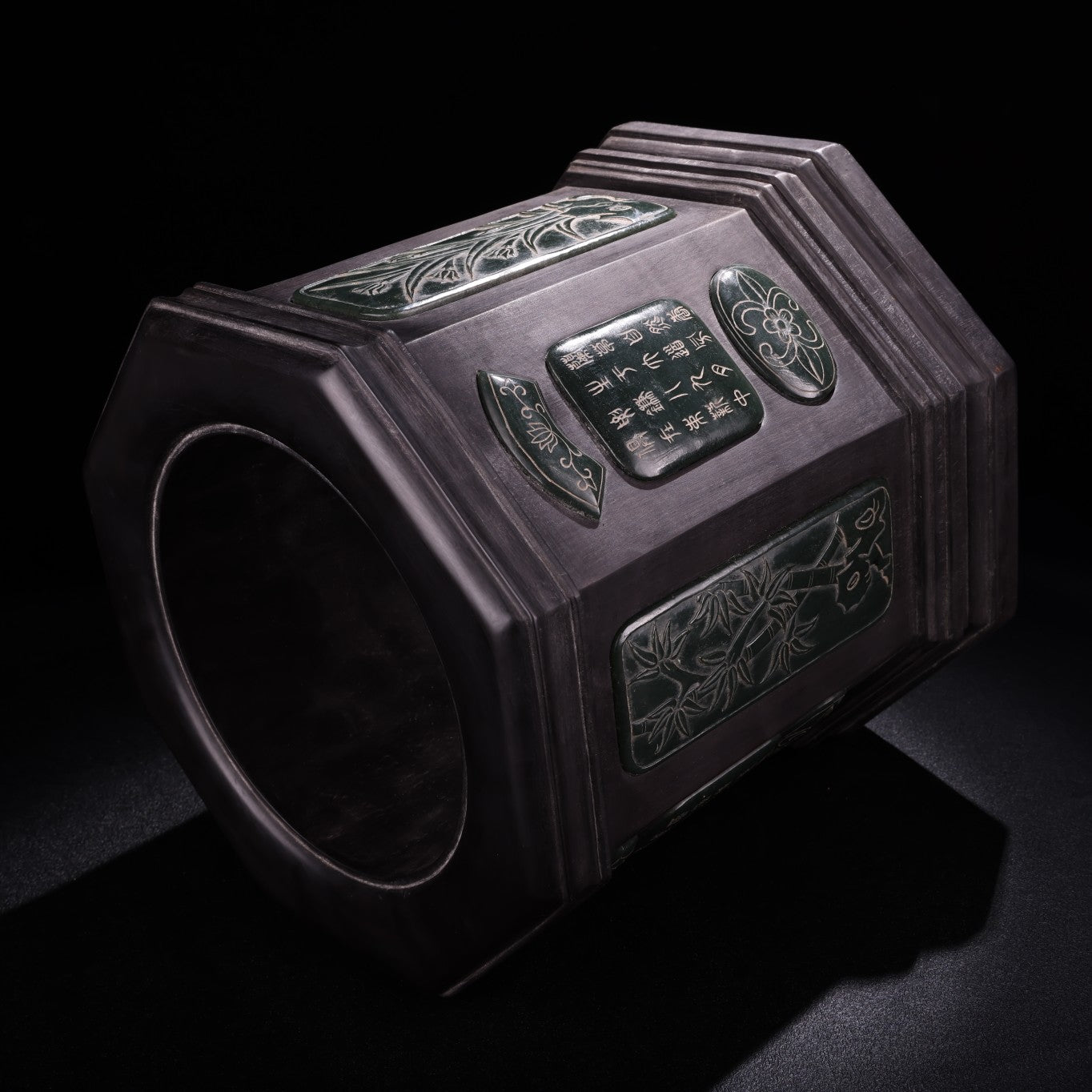A0519 Old Chinese Hetian Jade Zitan Wood Inlay Green Hetian Jade Plum Flower & Orchid & Bamboo & Chrysanthemum Brush Pot