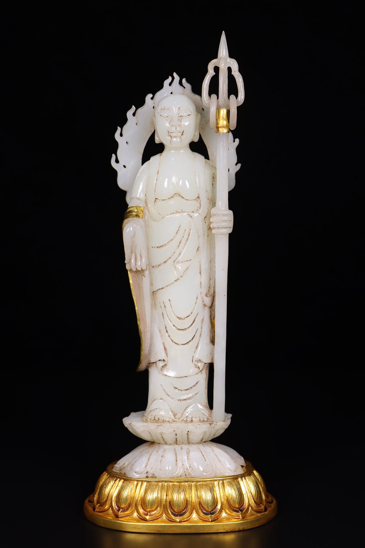A0520 Superb Old Chinese Inlaying Copper Edge Hetian Jade Ksitigarbha Statue
