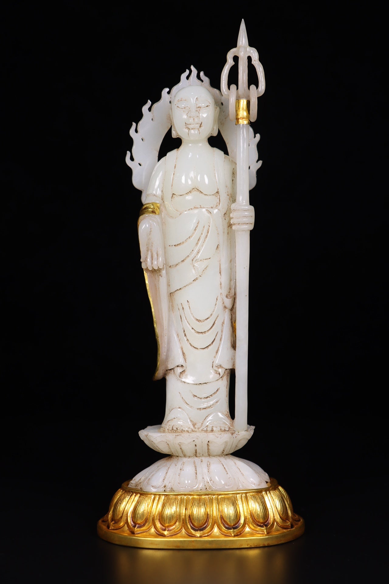 A0520 Superb Old Chinese Inlaying Copper Edge Hetian Jade Ksitigarbha Statue